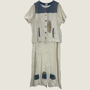 Vintage Reminisce Linen Blend Dress Vest 2 Piece Set Beige Oatmeal Blue Size‎ XL